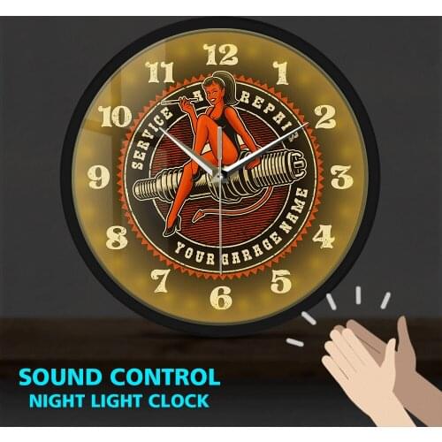 Spark Plug Engine Auto Repair Service Custom Garage Name Sound Activated Metal Frame LED Wall Clock Personalized Mechanic Watch
