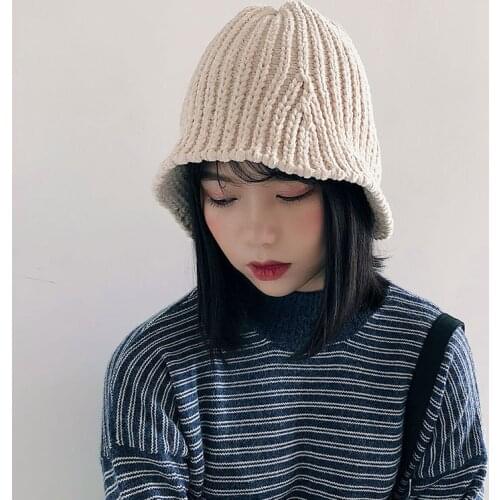 2018 Chenille Fisherman Hat Autumn And Winter Cap Korean Chic Folding Knitted Elastic Bucket Hat Hip Hop