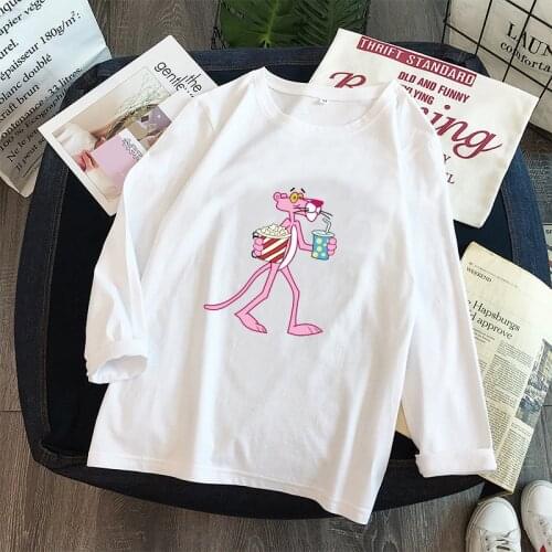 Cute Cartoon Pink Panther Women T-shirt Spring Summer New Long Sleeve O Neck Cotton Spandex T shirt Femme Loose Women Tops