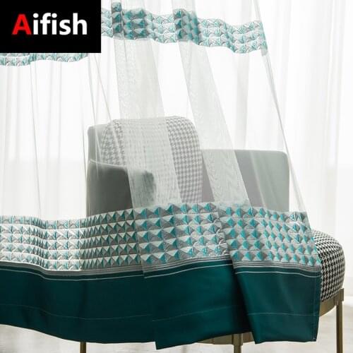 Modern Minimalist Style Embroidery Tulle Translucent Curtains Living Room Hotel Drape Blue Light Coffee Color Window Screen#40