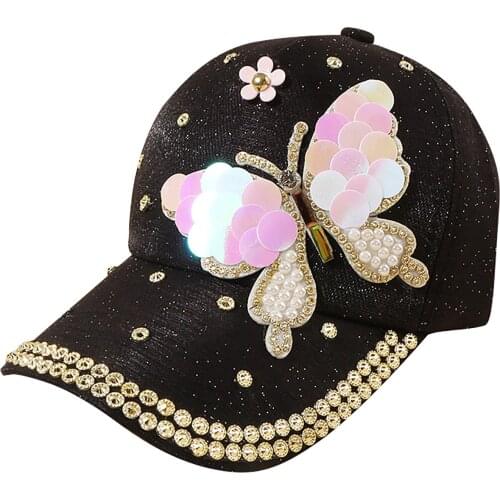 2021 Womens Hat Sequined Butterfly Baseball Cap Shading Hip Hop Cap Hat Sun Cap Ladies Fashion Summer Decorative Baseball Cap