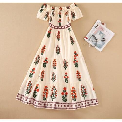 European and American womens wear for summer 2021 Short-sleeved one-line collar Flower embroidery Fashion pleated dress
