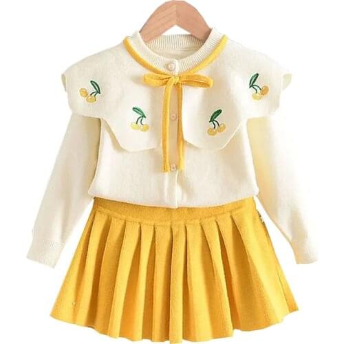 2021 Baby Girls' Sweet Bow Autumn Sweater Skirt Long-Sleeved Ruffled Knitted Cardigan+Pleated Short Princess Two Piece Suit Kids