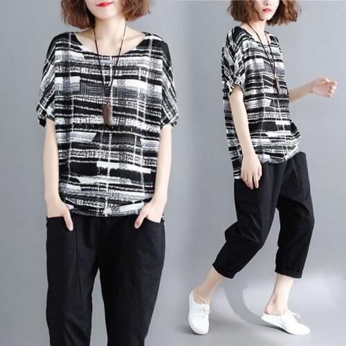 2020 Plus size Women shirt batwing sleeve Summer tops feminine T Shirts black striped women T shirt blusas V640