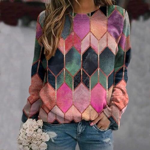 Geometric Oversized T Shirt Tops Women 2021 Winter Long Sleeve T Shirts Plus Size Women Clothing T-shirts Camisetas De Mujer