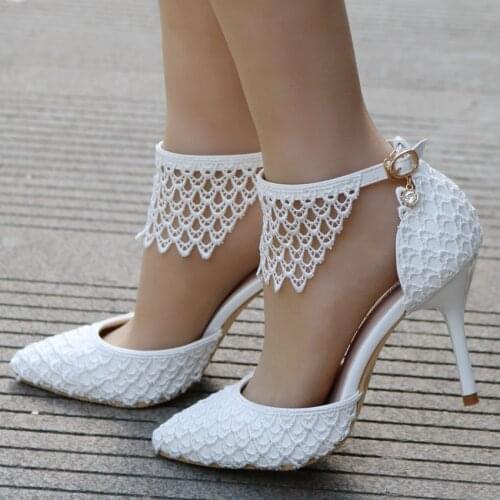 Crystal Queen Lady Sandals Lace Wedding Shoes Evening Party Dress Pumps Bridal High Heels Woman Flower Tassel Fringe Shoes