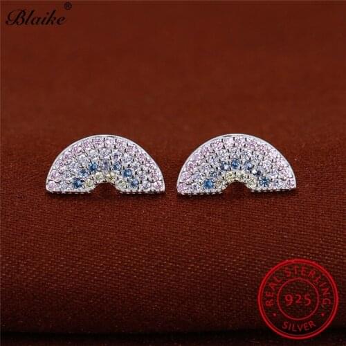 Real 925 Sterling Silver Earrings Multicolor Zircon Rainbow Stud Earrings For Women Wedding Colorful Pink Blue Crystal Ear Studs