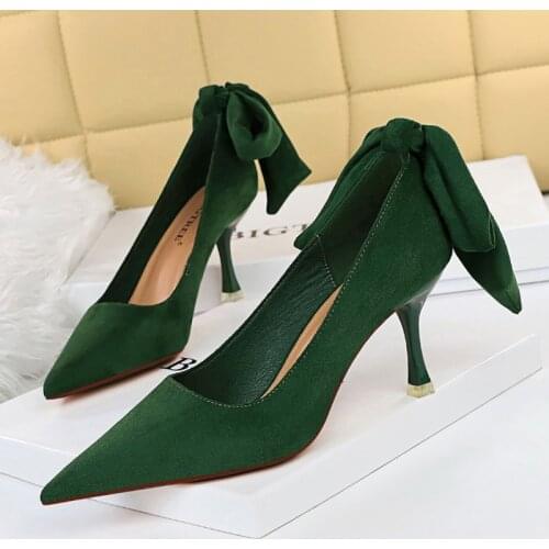2021 Designe Women 7.5cm Thin High Heels Suede Pumps Butterfly Knot Flock Green Pink Heels Female Scarpins Valentine Party Shoes