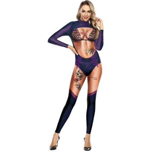 Party Cotume for Women 3D Print Jumpsuit Carnival Rompers Adult Tight Sexy Bodysuit Long Sleeve Outfit Women