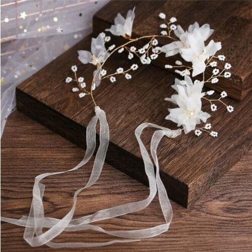 Girls White Flower Pearl Beaded Gold Wedding Head Piece Bride Headwear Hair Band Handmade Flower Women Party Jewelry Accessories
