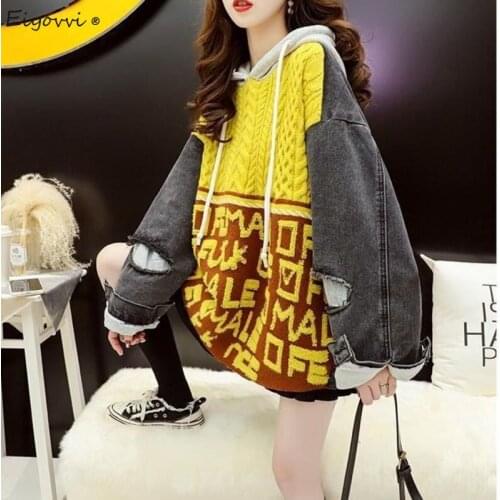 2021 New Knitted Womens Sweater Autumn Splicing Fake Two Jeans Medium Long Loose Pullover Korean Fashion Streetwear Sweaterts