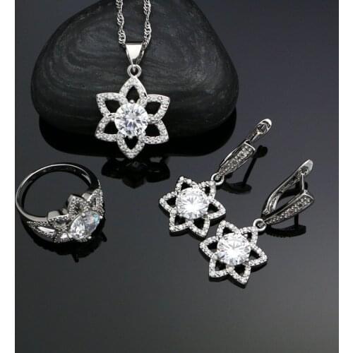 Star Shape 925 Silver Bridal Jewelry Sets For Women Wedding White Cubic Zirconia Ring Pendant Necklace Earrings Sets