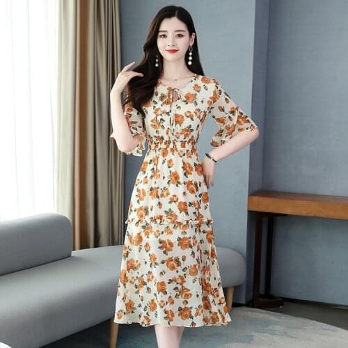 2021 Spring Summer Orange Floral Chiffon Midi Dresses 3XL Plus Size Vintage Runway Dresses Elegant Women Bodycon Party Vestidos