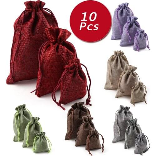 10Pcs 3 Sizes Colorful Drawstring Bags Christmas Pattern Party Wedding Favor Hessian Burlap Jute Gifts Bags Home Decorations