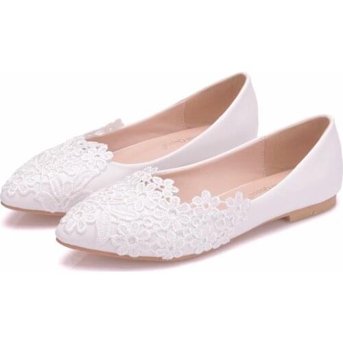 White Ballet Flats Lace Wedding Shoes Flat Heel Casual Shoes Woman Pointed Toe Princess Wedding Flats Plus Size 43
