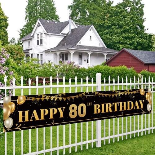 Large Happy 80th Birthday Decoration Banner, Black and Gold Happy 80th Birthday Banner, 80th Birthday Party Decorations Supplies
