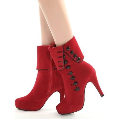 Fashion Women Ankle Boots High Heels Fashion Red Shoes Woman Platform Flock Buckle Boots Elegant Ladies Shoes 42
