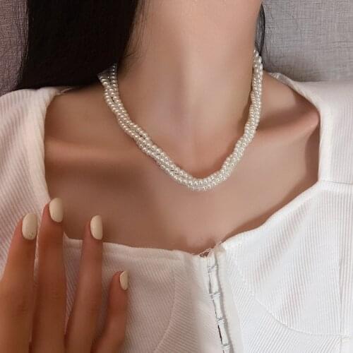 Simple Graceful Vintage Multi Layer Pearl Choker Necklaces for Women Elegant Geometric Clavicle Necklaces Weddings Bride Jewelry