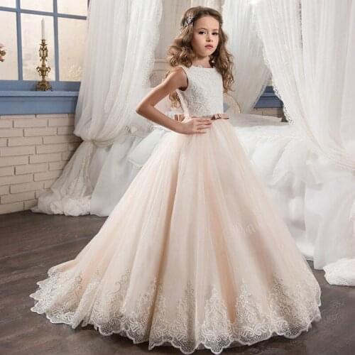 Children Girl Fancy Champagne Flower Dress Long Sequin Girls Gowns Dress Kids First Holy Communion Dresses For Christmas