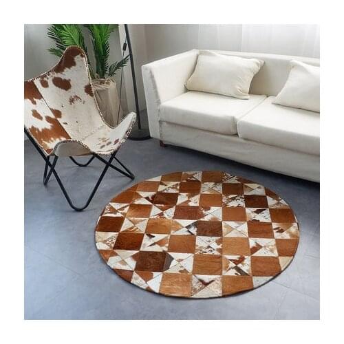 Europe style Round shaped natural cowhide seamed rug ,genuine cows skin fur carpet for living room bedroom decoration