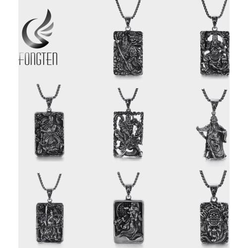Fongten Retro China General Guan Yu Square Stainless Steel Stereoscopic Men Pendant Necklace Fashion Jewelry