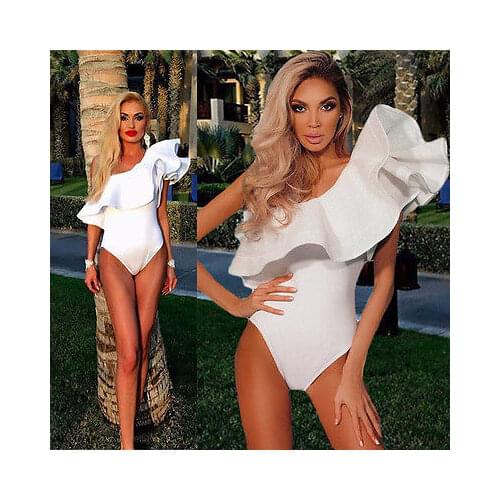 ITFABS Women Sexy One Shoulder Ruffled Black White Colors Bodysuit Leotard Tops Romper Jumpsuit swimwear