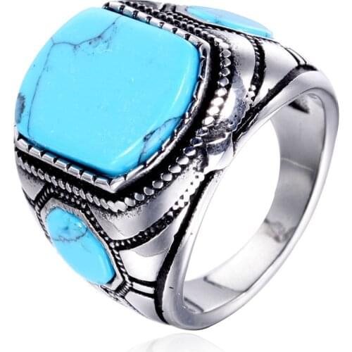 Miqiao Hot Sale Vintage Personality Turquoise Titanium Steel Rings for Men Women Couple Family Friend Fashion Gift Jewelry