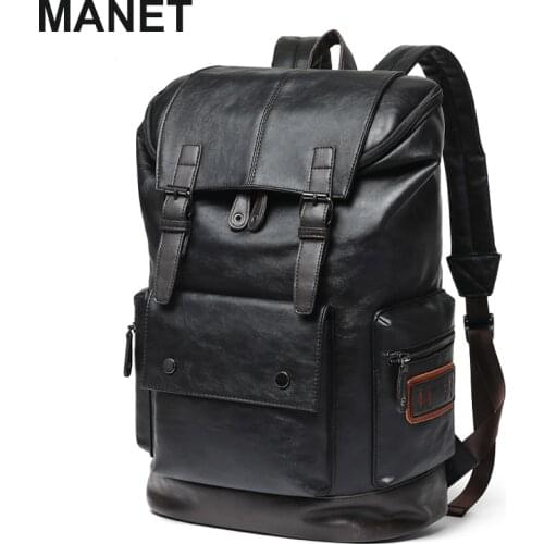 MANET Mens Large Leather Antitheft Travel Backpack Laptop Bags Men Black Bagpack Big Capacity School Male Business Shoulder Bag