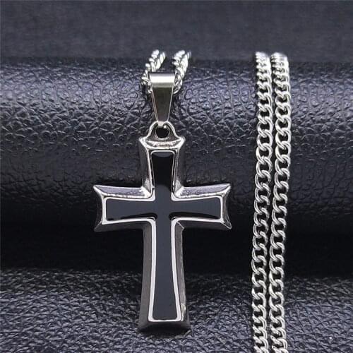 Fashion Cross Stainless Steel Pendant Necklace for Women/Men Black Silver Color Long Necklace Jewelry collier homme NXH111S05