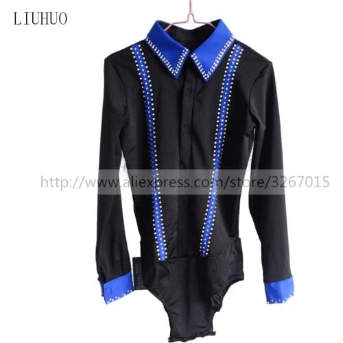 Boys men figure skating costumes TopsFigure skating show clothing Black blue stripe pattern Long sleeve Stretch fabrics