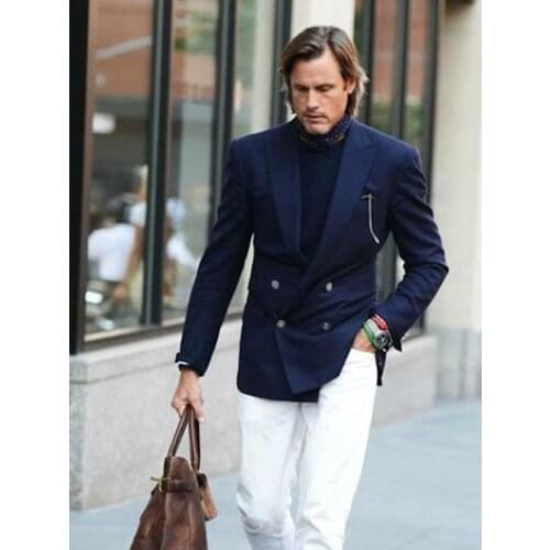 ANNIEBRITNEY Double Breasted Navy 2 Piece Slim Men Suit With White Pants Groom Wedding Tuxedo Prom Wedding Business Men Suit