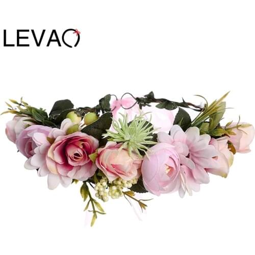 LEVAO New Bridal Garland Headpiece Holiday Wedding Headband Wreath Hairband Girl Hair Accessories Corolla Flower Crown Ribbon