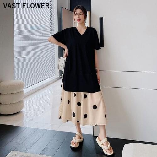 Polka Dot Fake Two Piece Dress Women New Short Sleeve Loose Fit Casual Fashion Patchwork Midi Summer Dress Elegant Clothes 2021