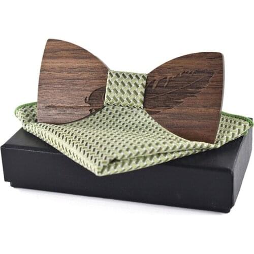 Dropshiping green mint tie square scarf wedding vogue feather engraved walnut wood bowtie set for ladies women with case