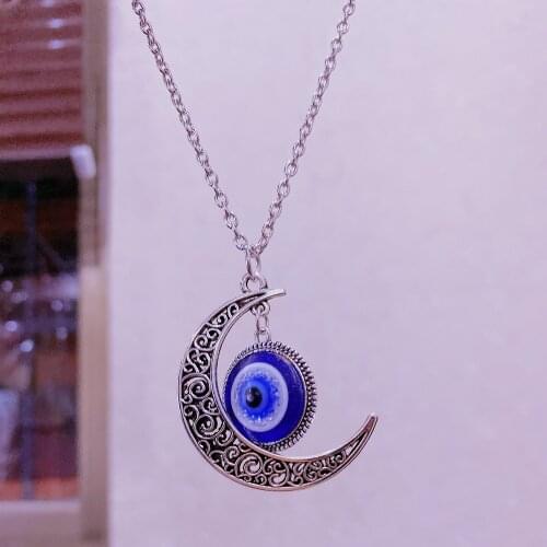 Retro Fashion Turkish Symbol Evil Blue Eyes Pendant Bead Pendant Moon Jewelry Vintage Women Men Charm Stainless Steel Chain