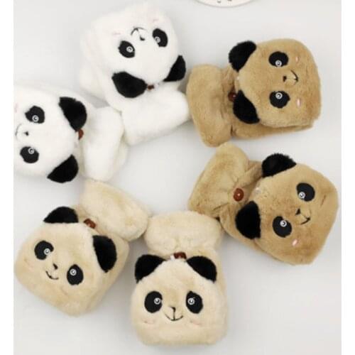 Women Cute Cartoon Bear Panda Half Finger Flap Wool Knit Mitten Winter Female Thicken Plush Cashmere Warm Touch Screen Glove E21