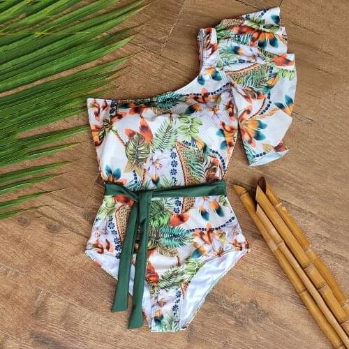 Ruffle One Piece Swimsuit 2021 V-Neck Swimwear Women Print Monokini Sexy Bodysuit Plus Size Bathing Suit Push Up Beach Wear