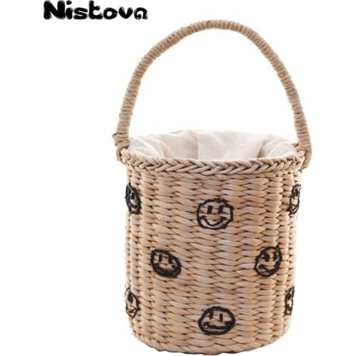 Womens New Handmade Straw Handbags Stars Smiley Embroidery Bucket Bag Casual Fashion Straw Bag Hand Bag Vacation Beach Bag