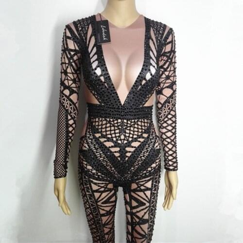 Nude Bikini Black Rhinestones Jumpsuit Female Sexy Stage Costumes Singer Dancer Nightclub Bar Concert Party performance Costume