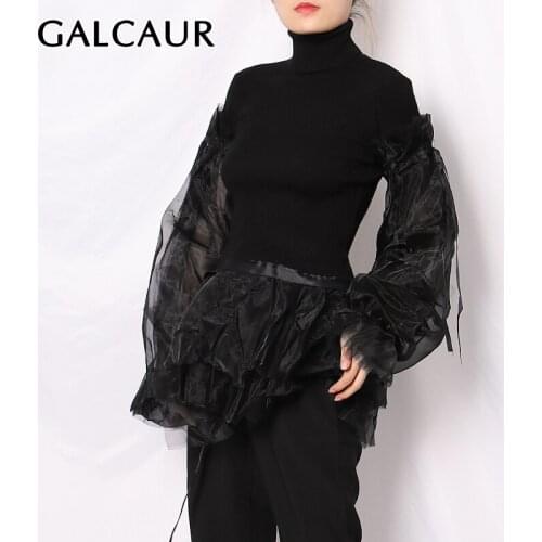 GALCAUR Slim Womens Sweaters Turtleneck Flare Long Sleeve Patchwork Mesh Ruffles Hem Black Pullovers Females 2021 Fall Clothing