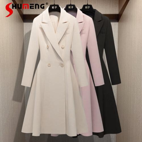 New Autumn Ol Ladies Elegant Solid Trench Coat Slim Suit Collar Double-breasted Trench Dress Women Fashion Long Windbreakers