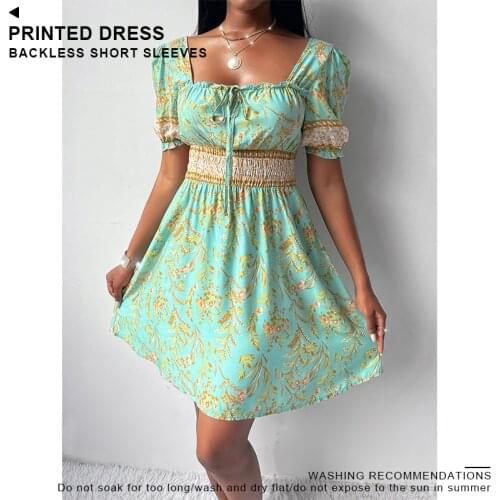 Lady Fashion Casual Backless Short Sleeve Print Dress Princess Skirt Micro Elastic Loose Show Figure High Waist Belt