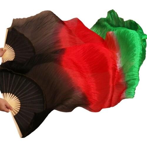 1 Pair 100% Real Silk Belly Dancing Long Fans Handmade Dyed High Quality Silk Belly Dance Fans Gradient Colors Black+Red+Green