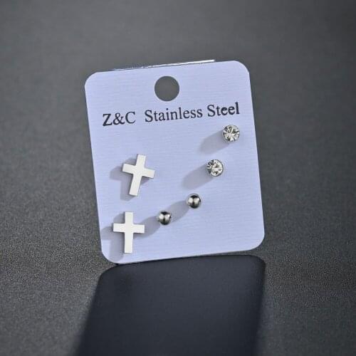 3 Pair/set Crystal Ball Cross Small Earring Stainless Steel Mini Ear Stud Earrings Fashion Jewelry Women Girls Gift