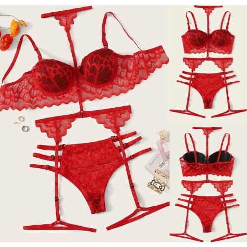 3PC Sexy Petal Embroidery Lingerie G-string Thong Sets Women Temptation Underwear Red Sleepwear 2021 Mujer Sensual Pajamas