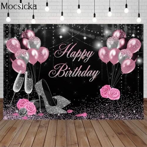 Sweet Pink Rose Birthday Backdrop Shiny Glitter High Heels Champagne Adults Women Birthday Decor Photo Studio Booth Background