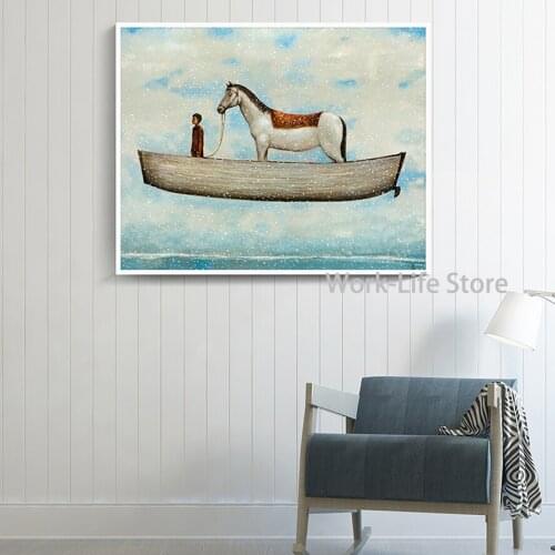Artistic Beautiful Sky Lonely Boat White Horse Illustrations Canvas Print Painting Home Decor Wall art Picture Kids Room Decor