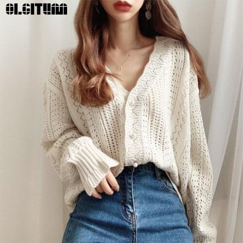 2020 Spring Autumn Women Sweater and Cardigans Retro V-neck Long Sleeve Knitted Cardigan Hollow Out Open Stitch Loose White Tops
