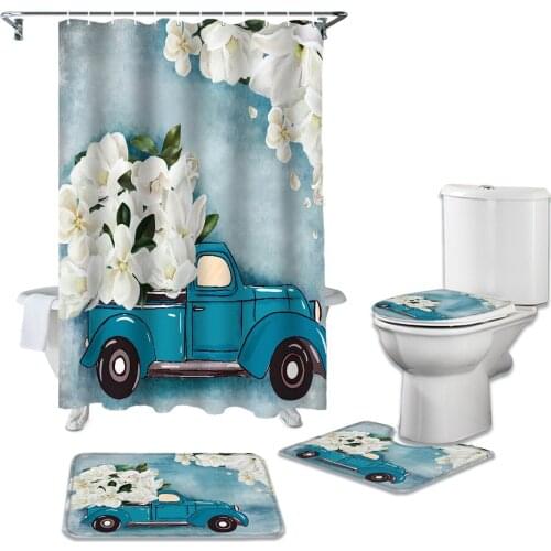 Oil Painting Truck Carrying Flowers Shower Curtains Set Bath Mat Set Toilet Cover Bathroom Accessories Bathroom Rug Set