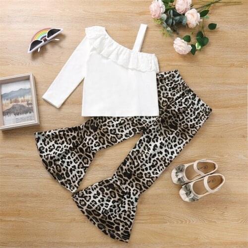 Girls Kids Clothing Set Autumn Off-shoulder Ruffles Collar T-shirt and Leopard Printed Flared Trousers 2pcs Sets for Children